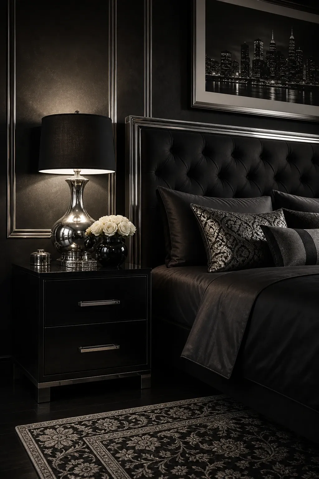 black with metallic accents in a bedroom