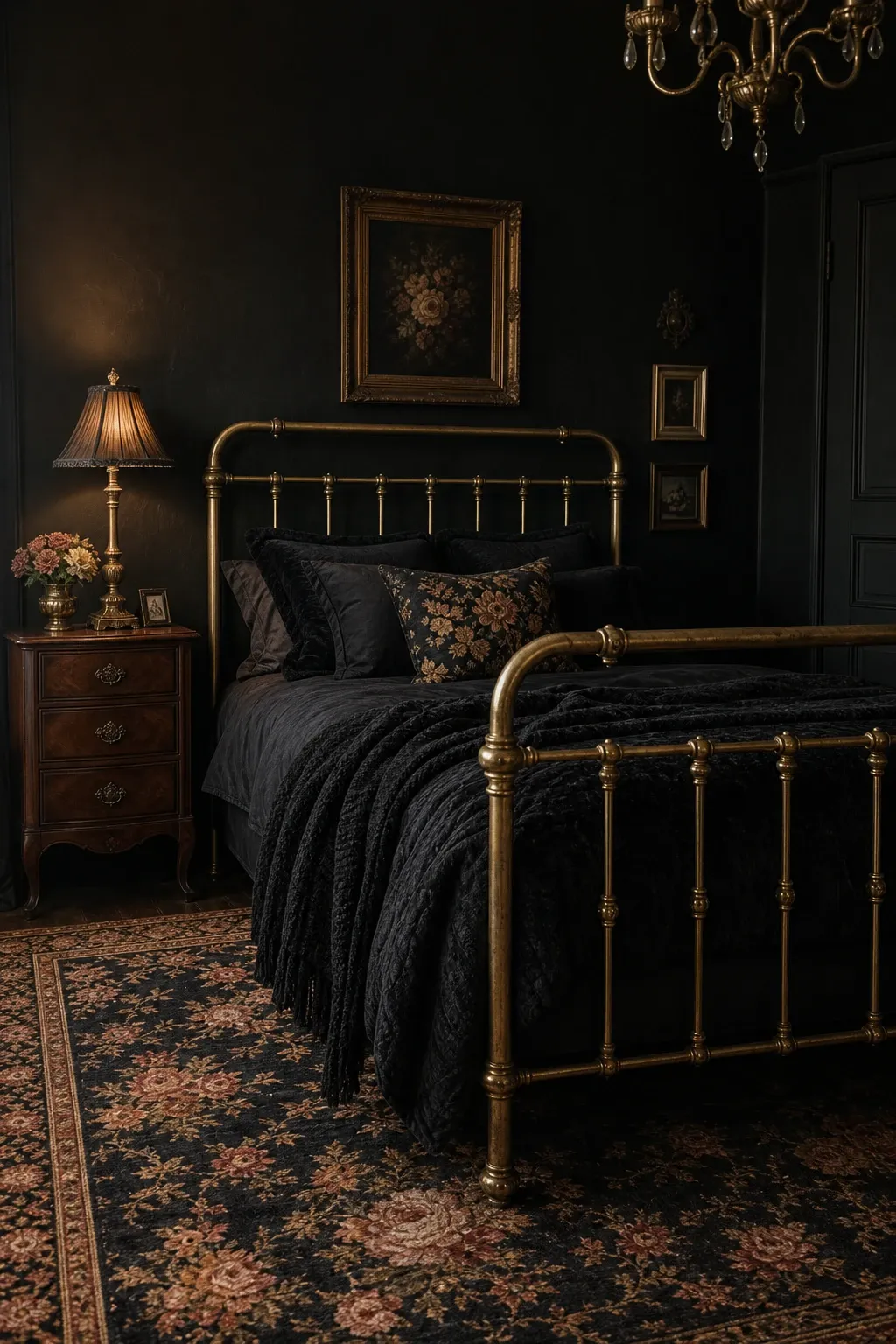 black with white bedding in a bedroom