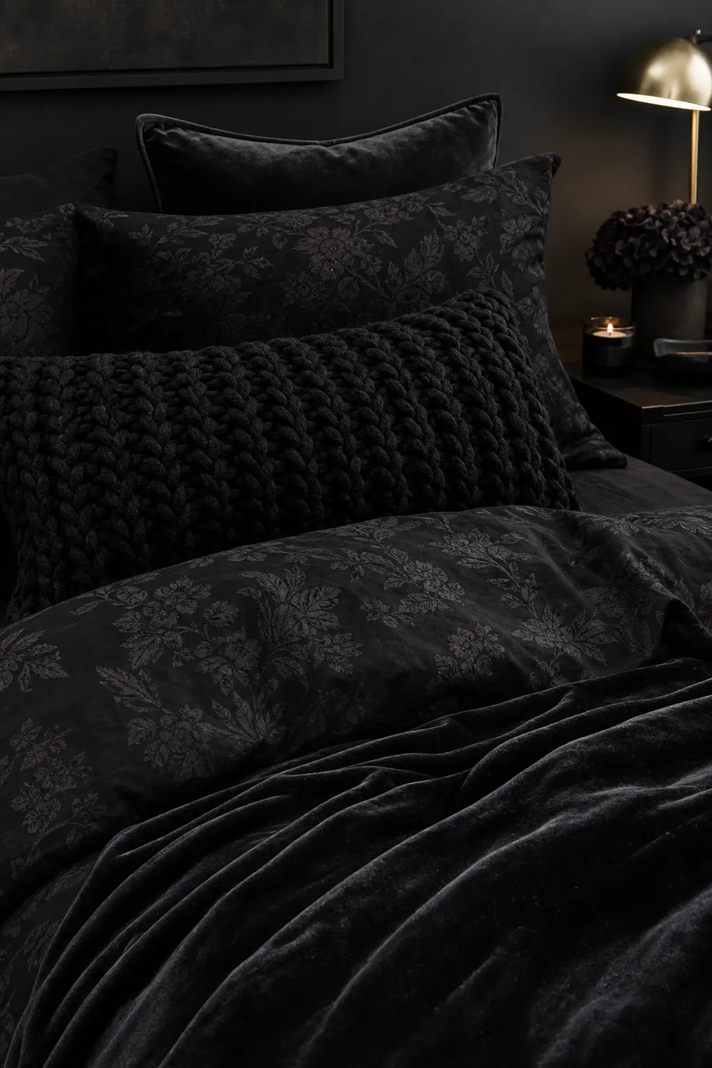 layered dark textures in a bedroom