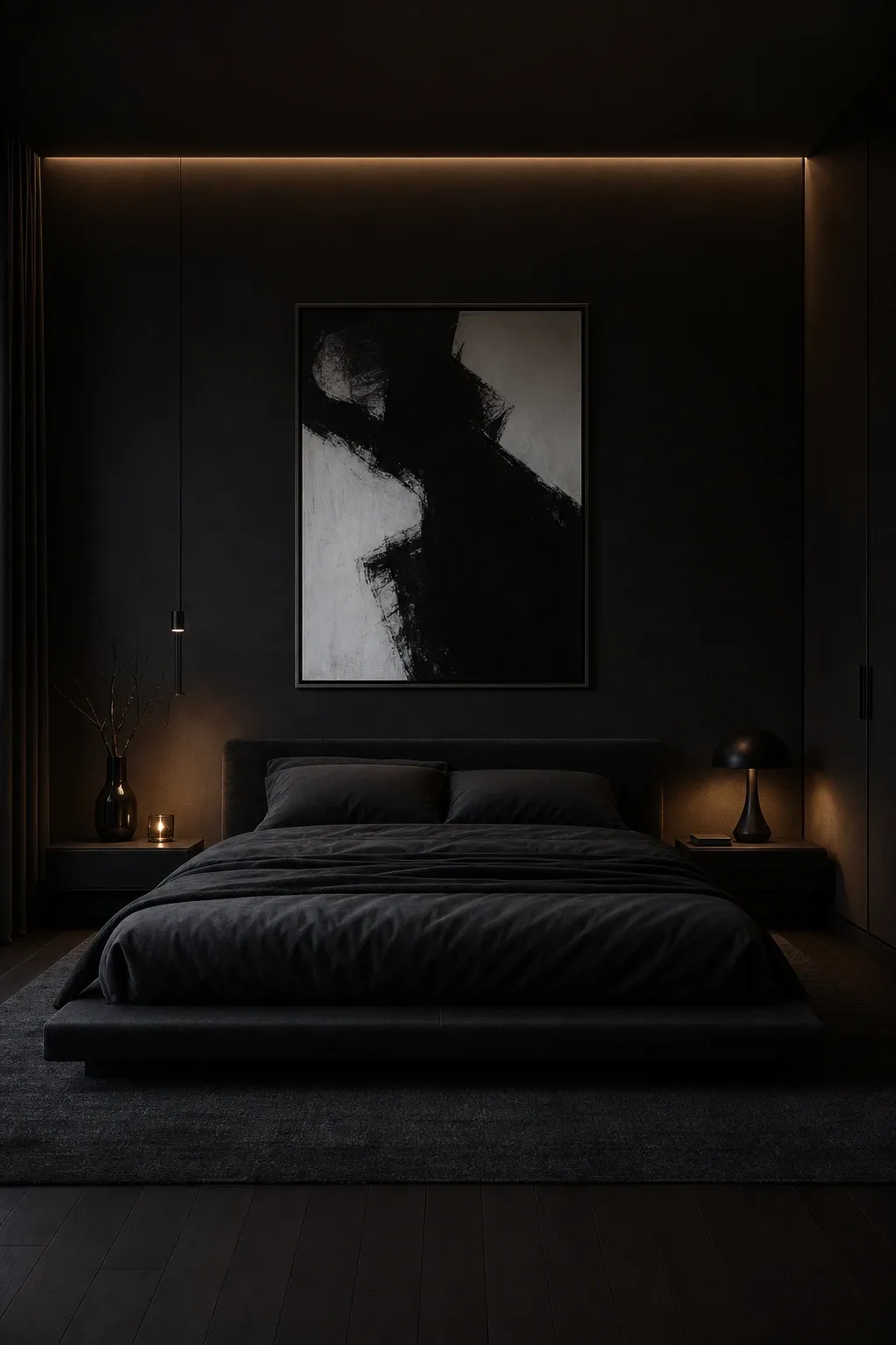 moody black with warm lighting in a bedroom