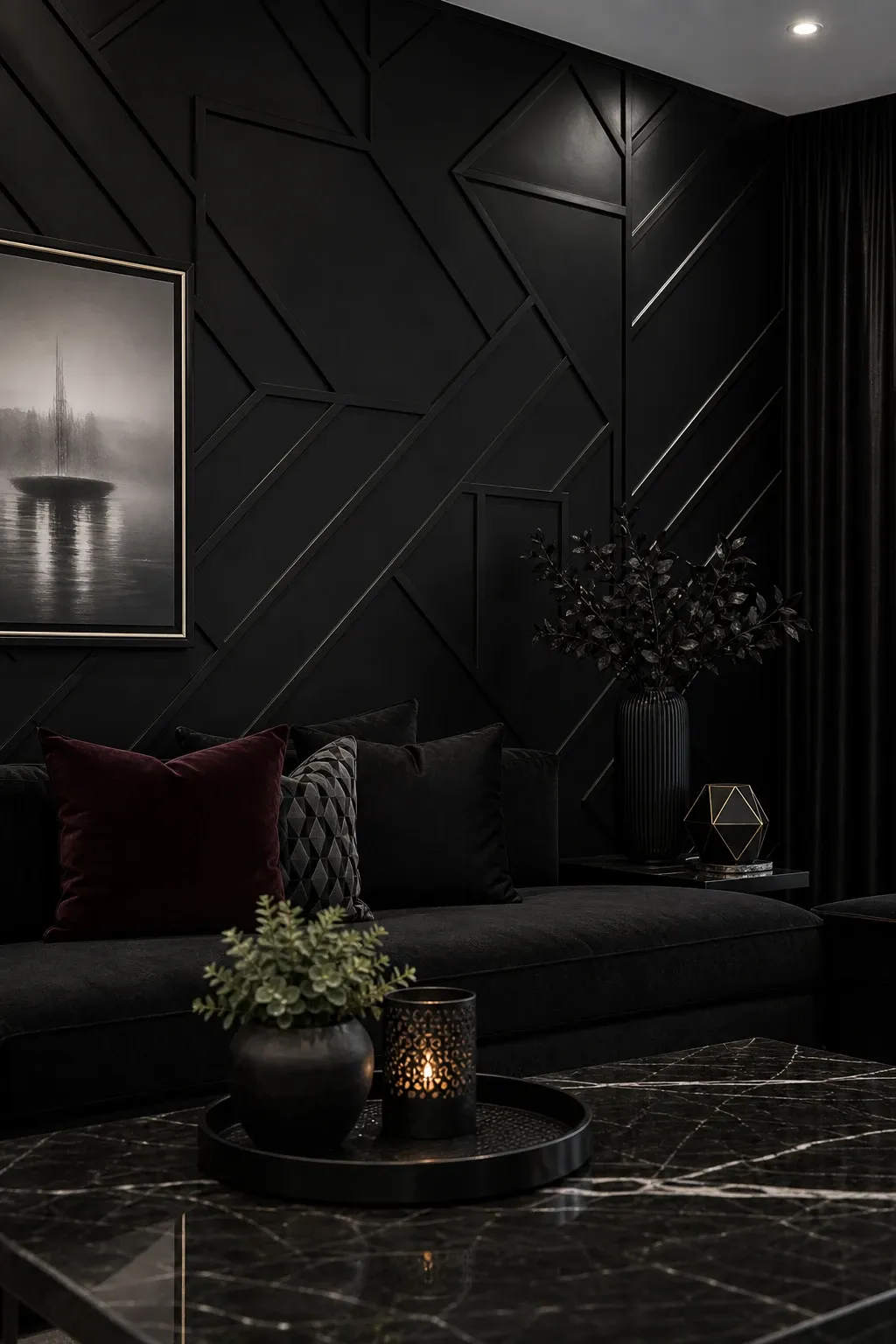 black and white gallery wall in a living room