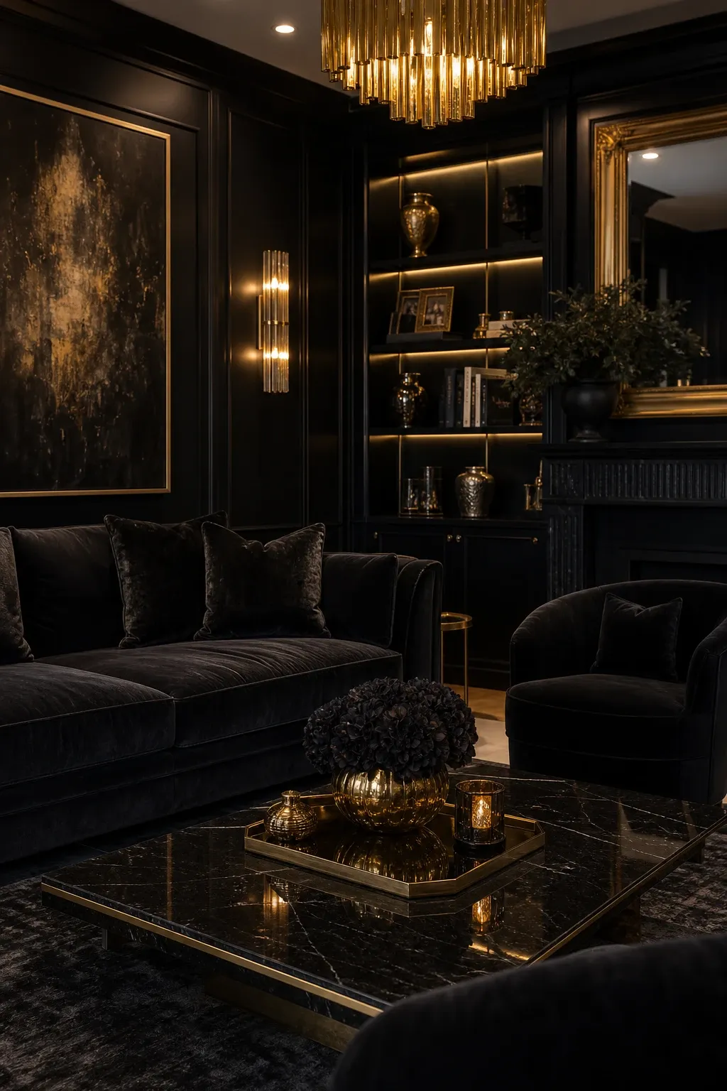black coffee table in a living room