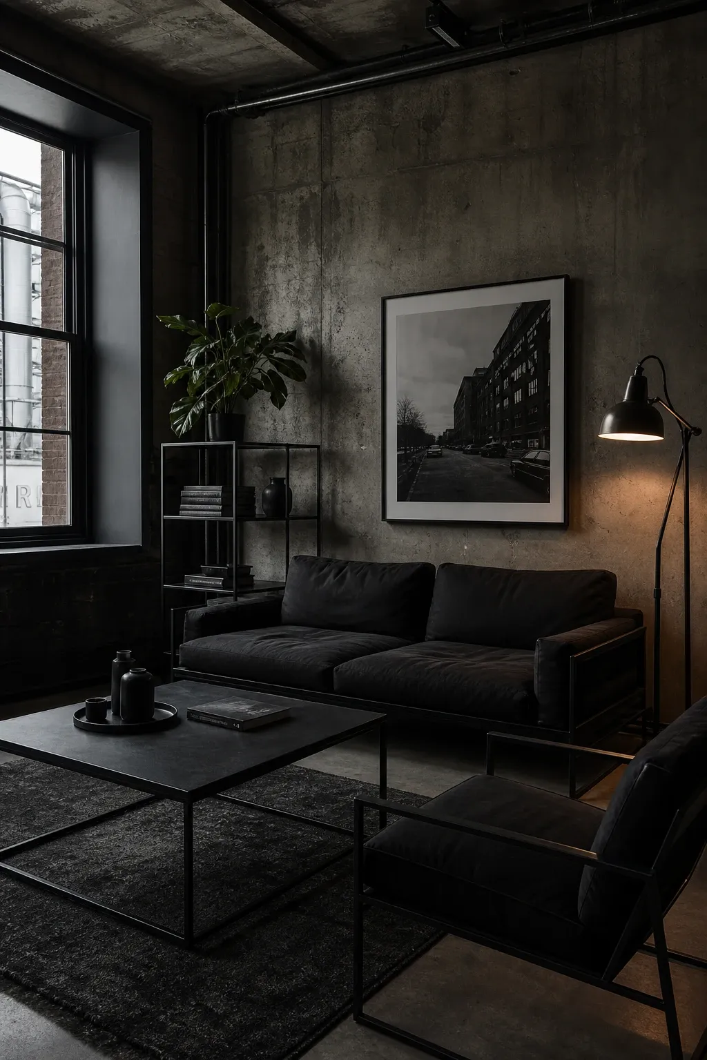 black fireplace surround in a living room