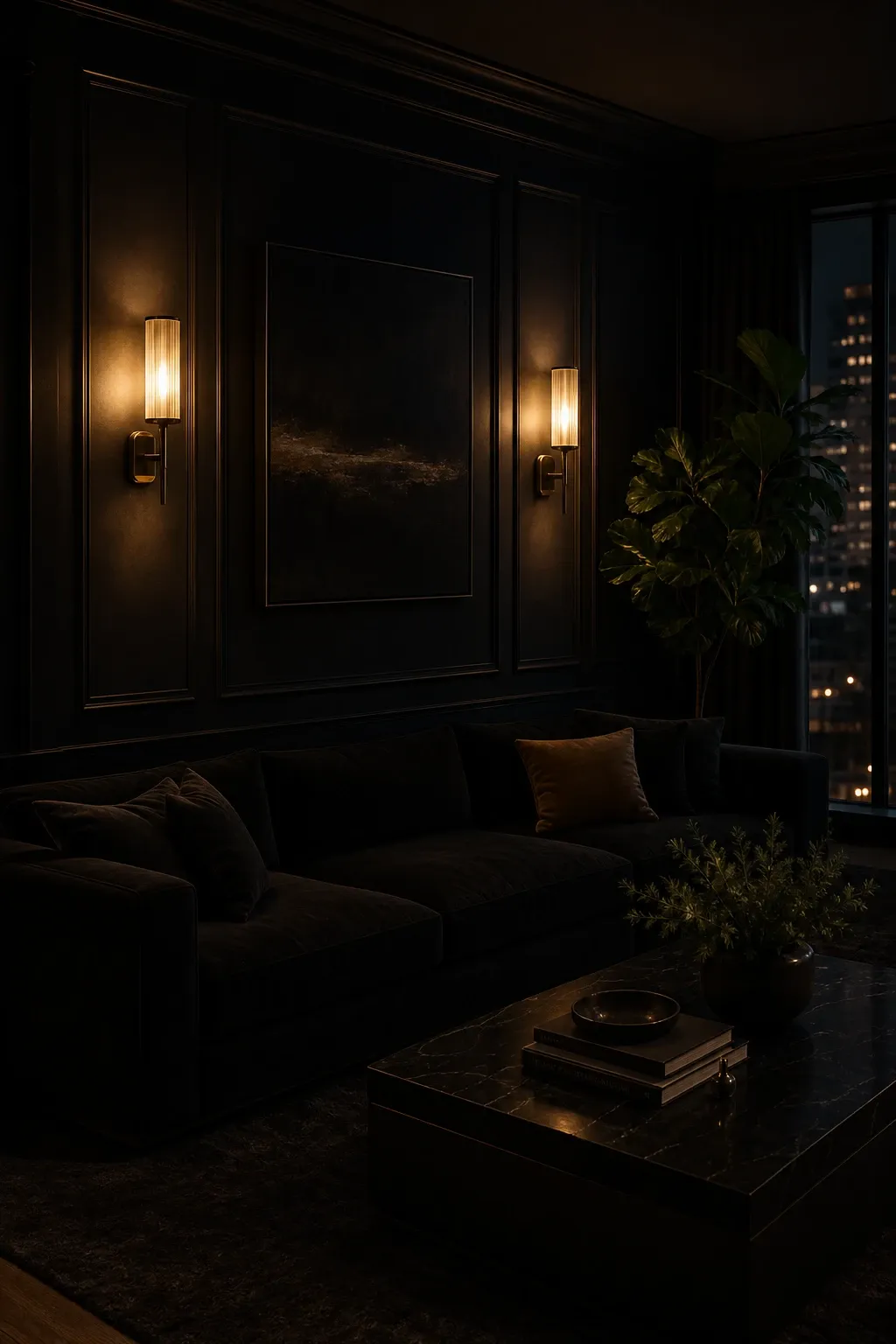 black picture frames throughout in a living room