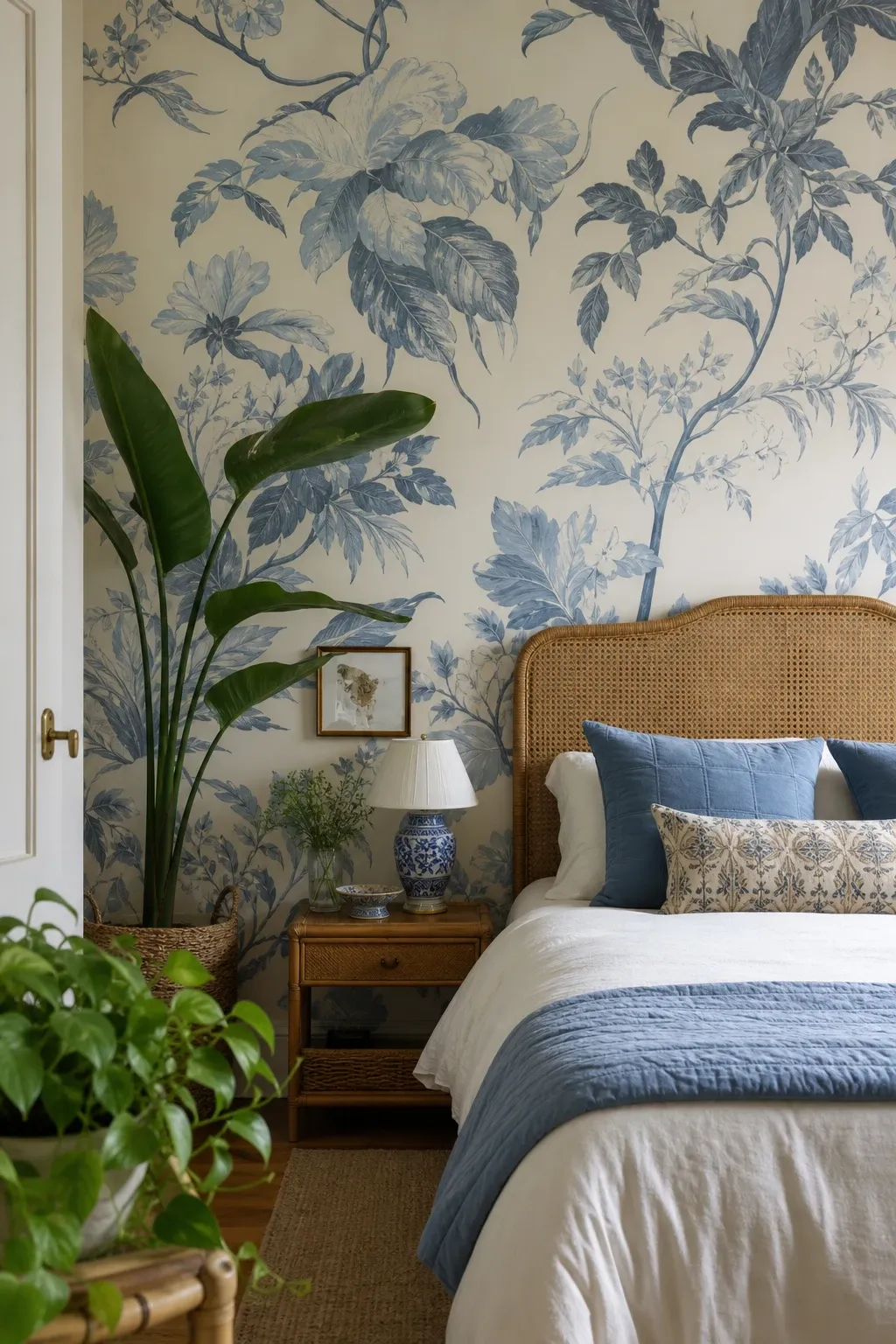 botanical blue florals in a bedroom