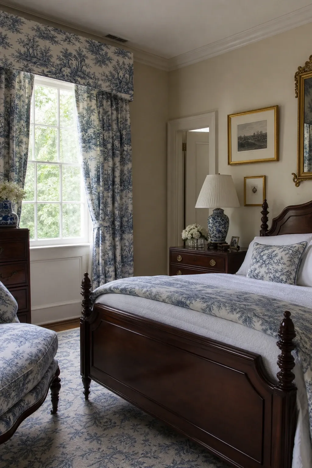 classic blue and white toile in a bedroom