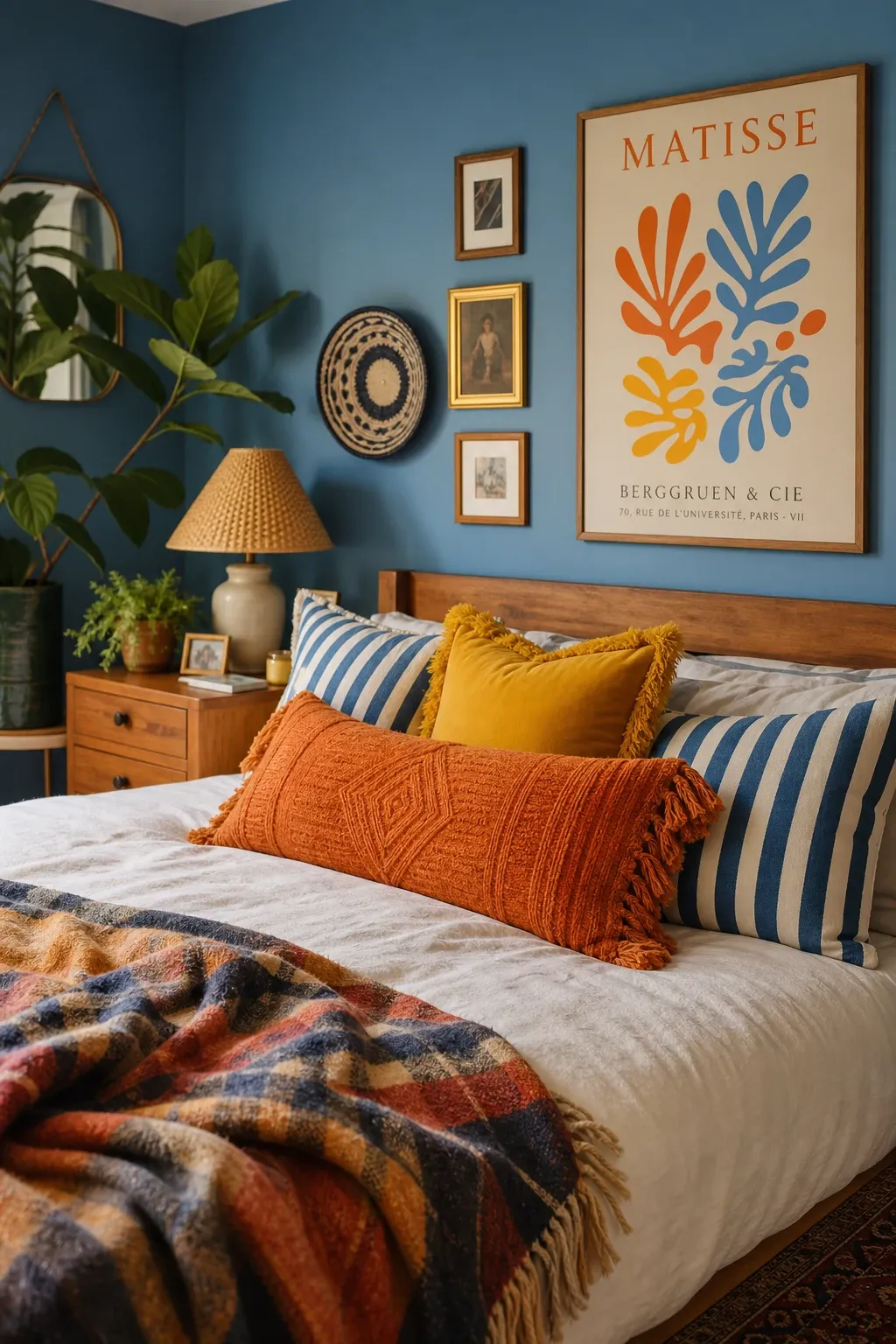 eclectic blue with citrus accents in a bedroom