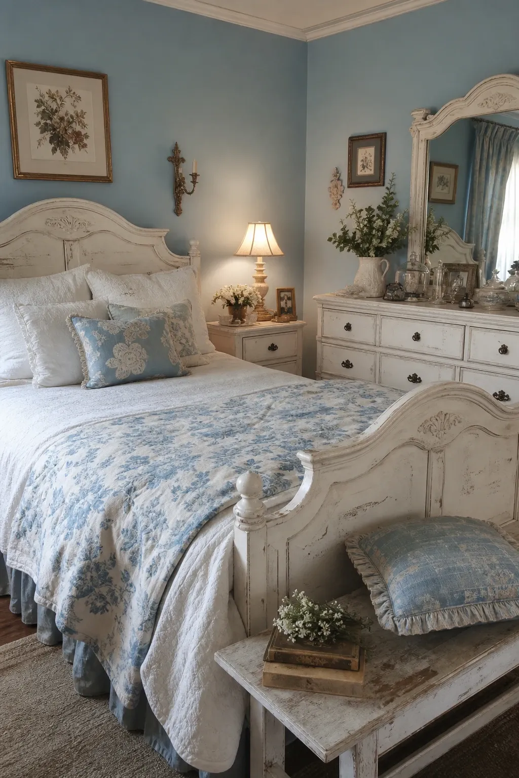 french country blue in a bedroom