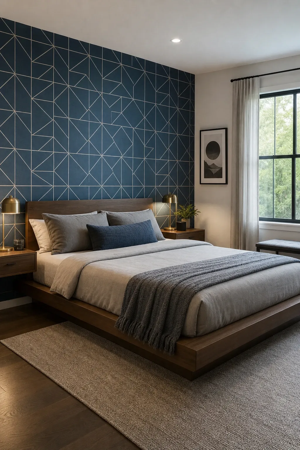 geometric blue patterns in a bedroom