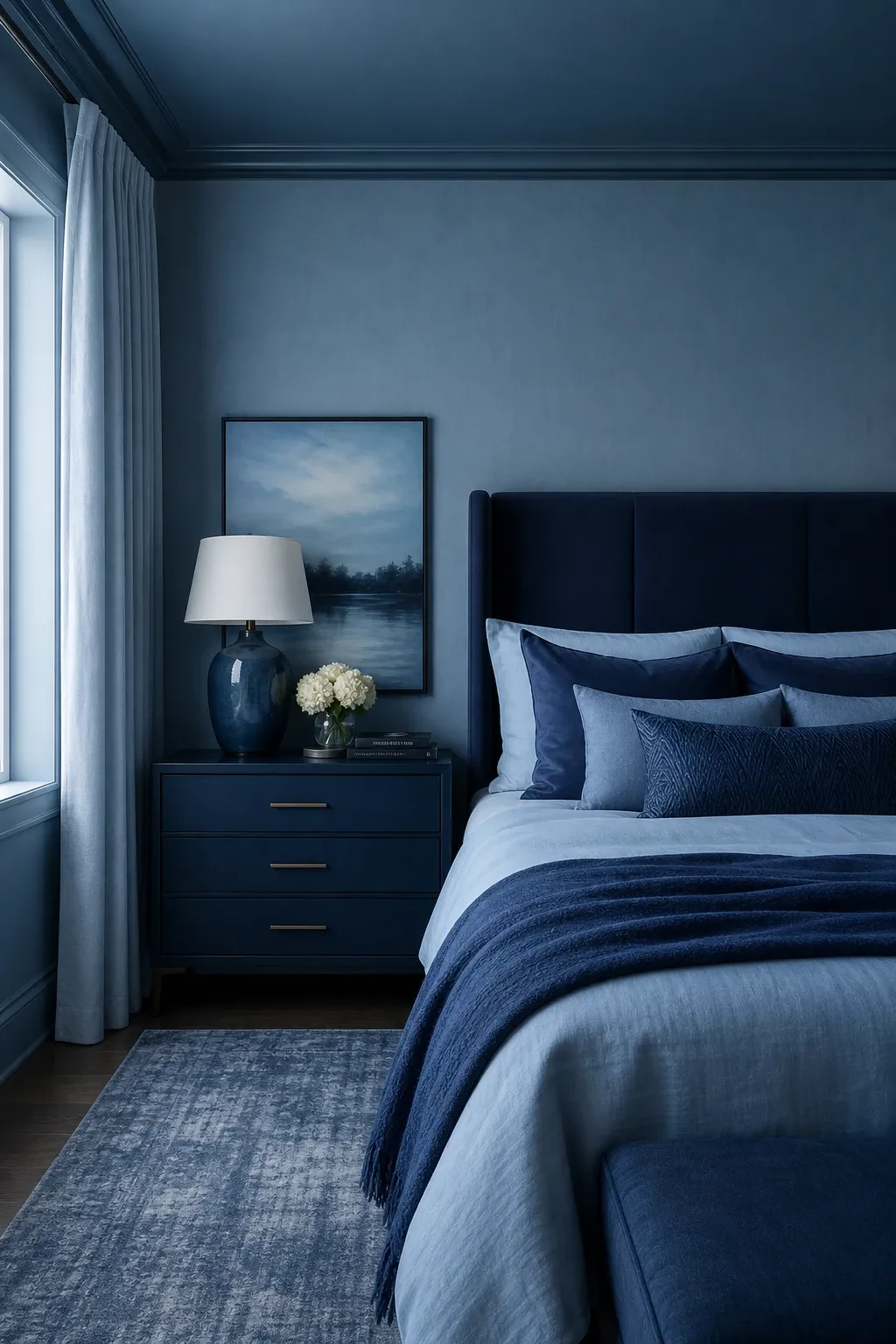 monochromatic blue layers in a bedroom