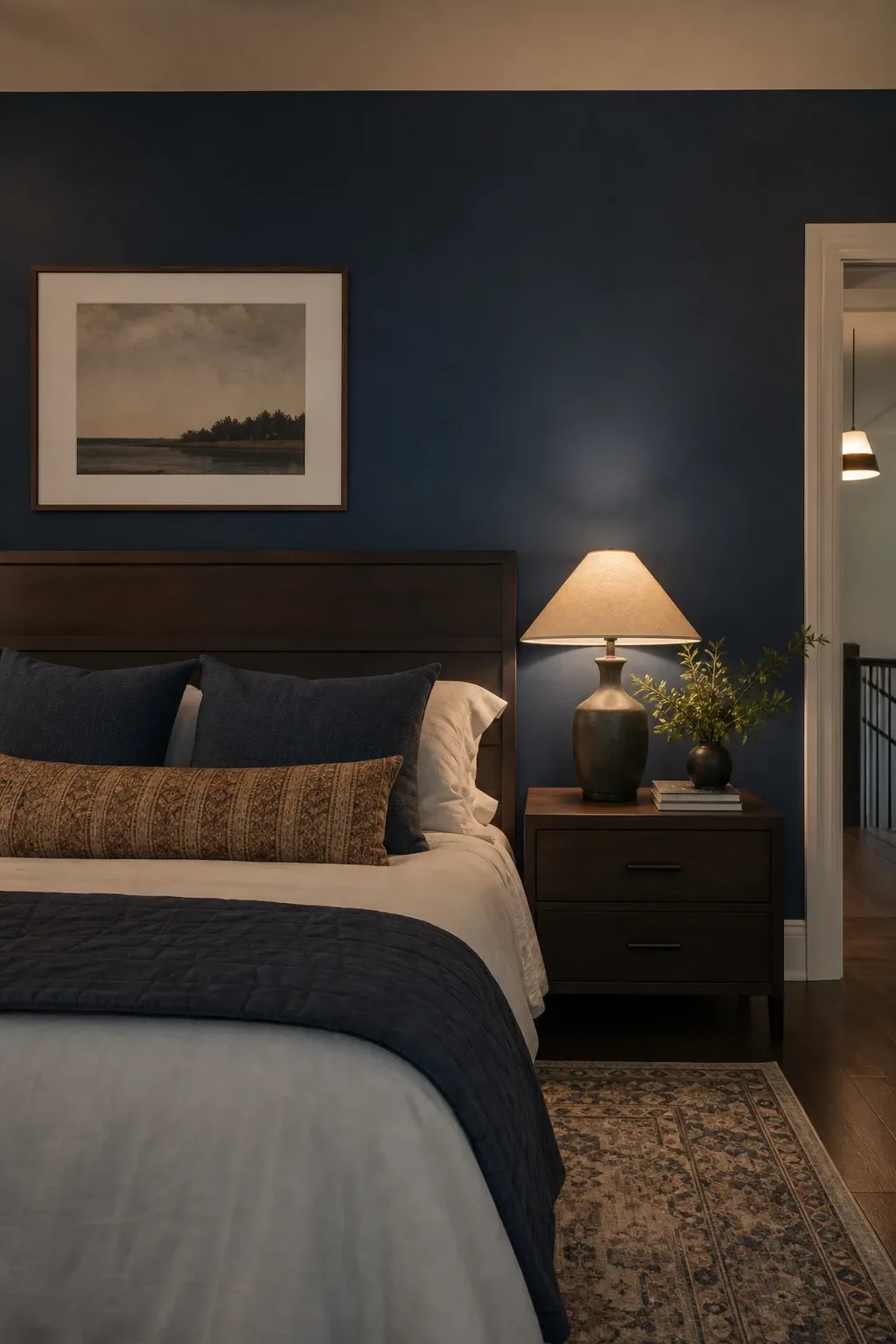 moody navy accent wall in a bedroom