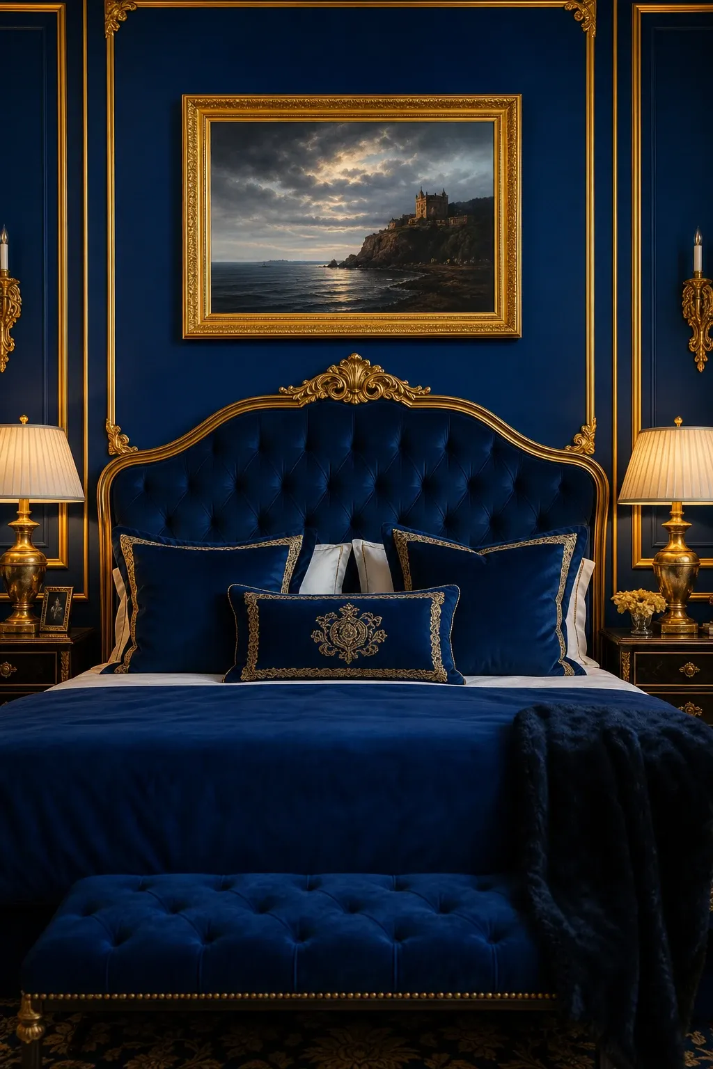 royal blue and gold in a bedroom