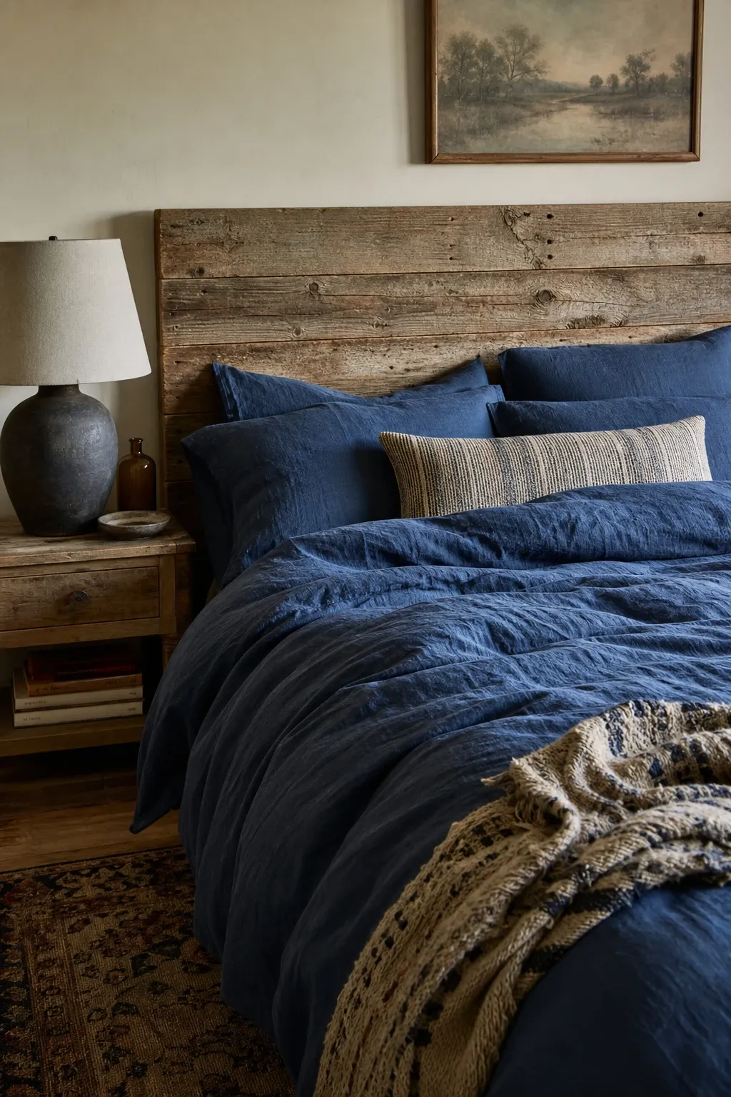 rustic blue linen and wood in a bedroom