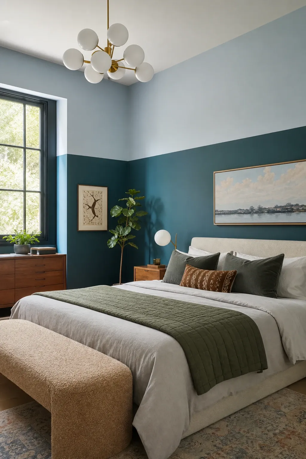 two-tone blue walls in a bedroom