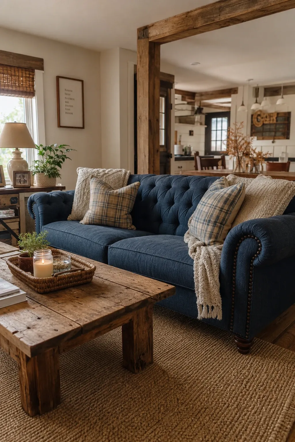 blue and blush pink in a living room