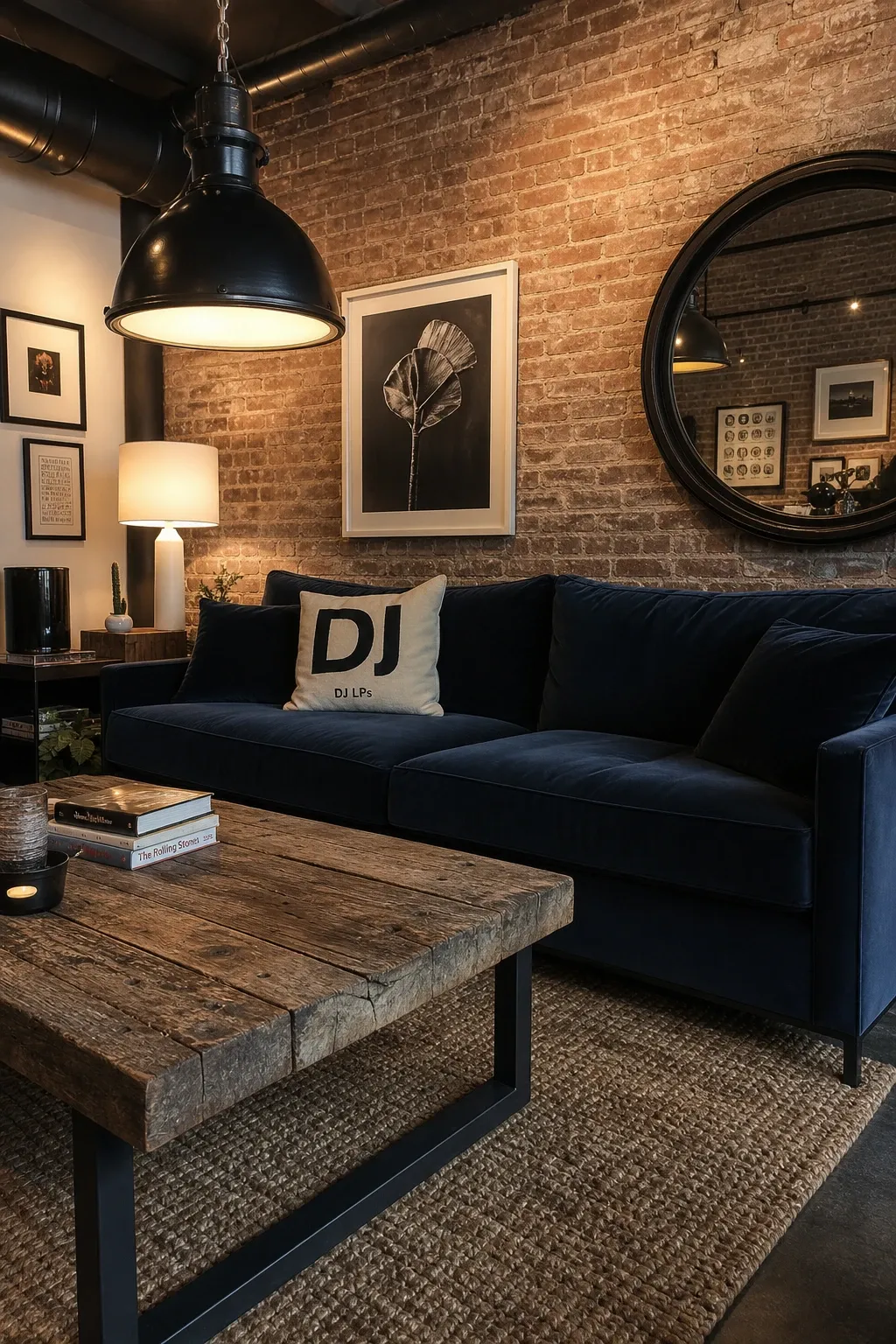 blue and mustard yellow in a living room