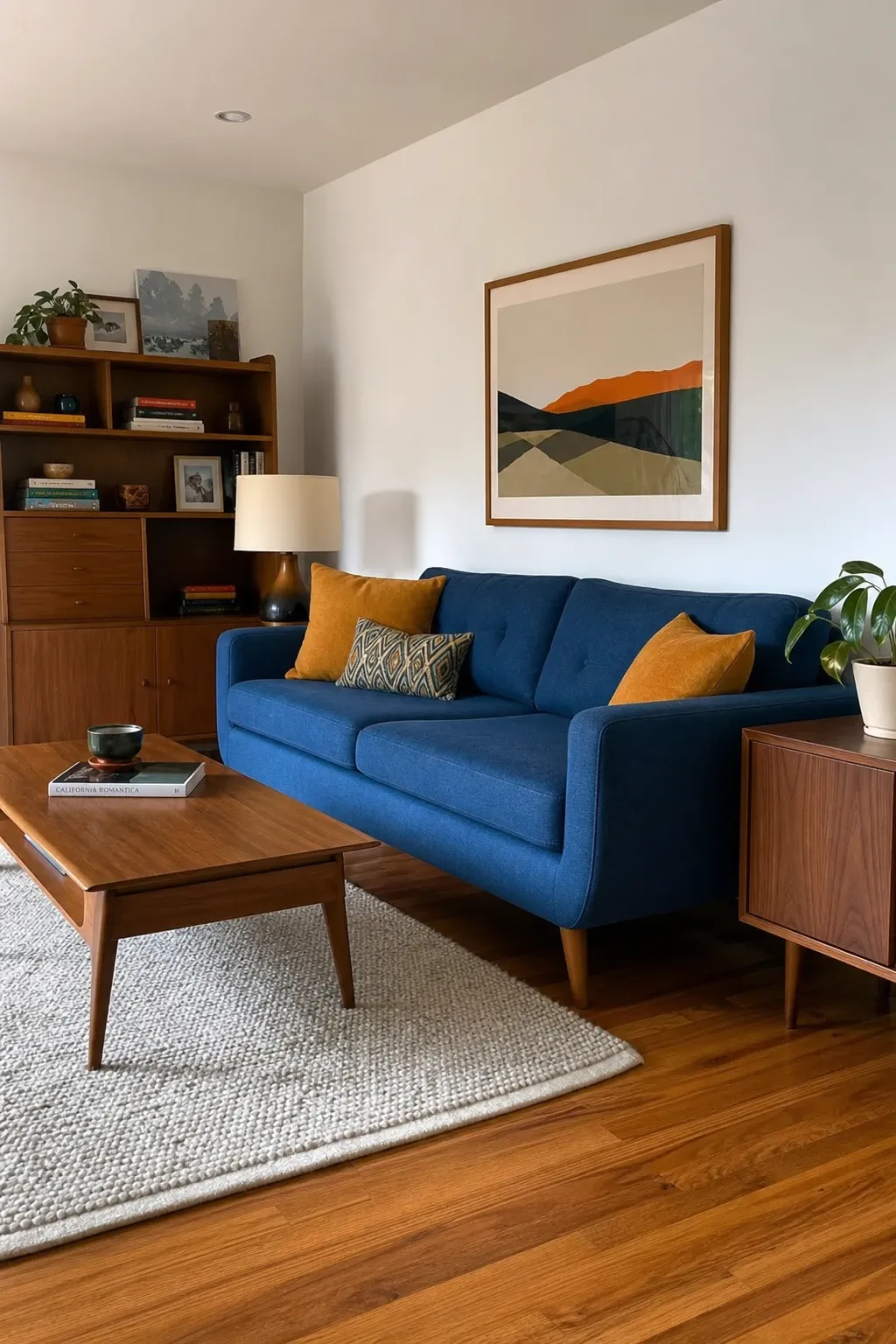 blue and warm wood tones in a living room