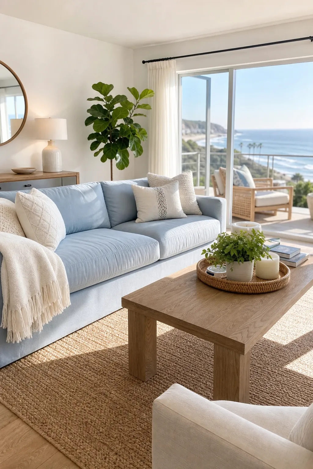 blue and white coastal in a living room
