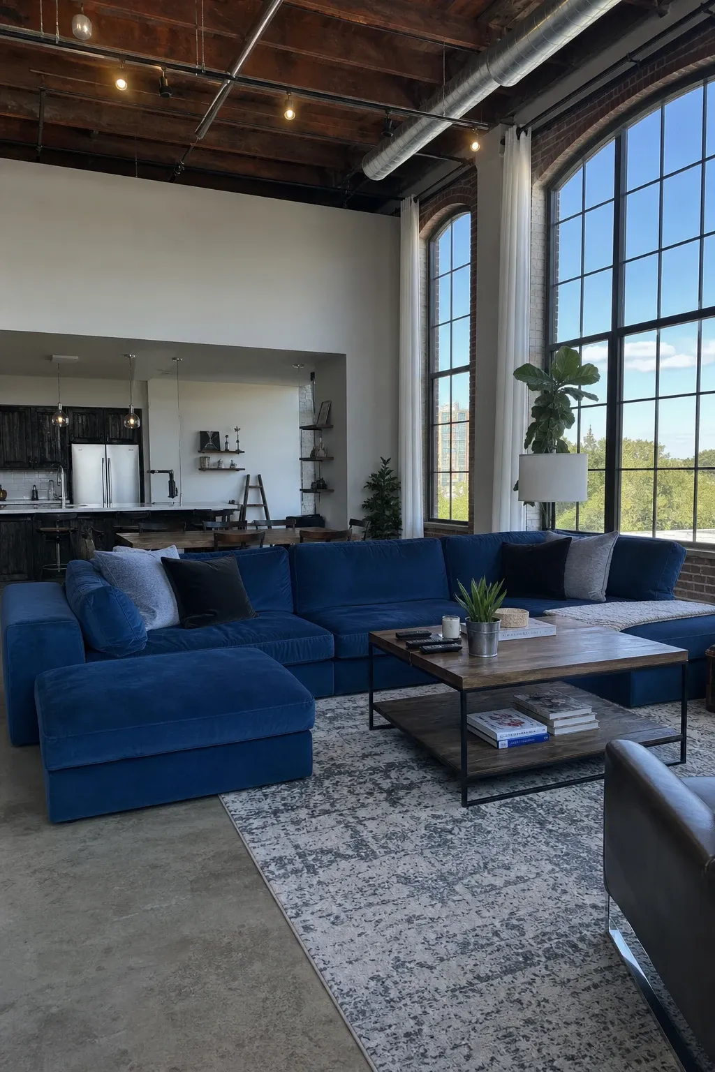 blue couch in dark room in a living room