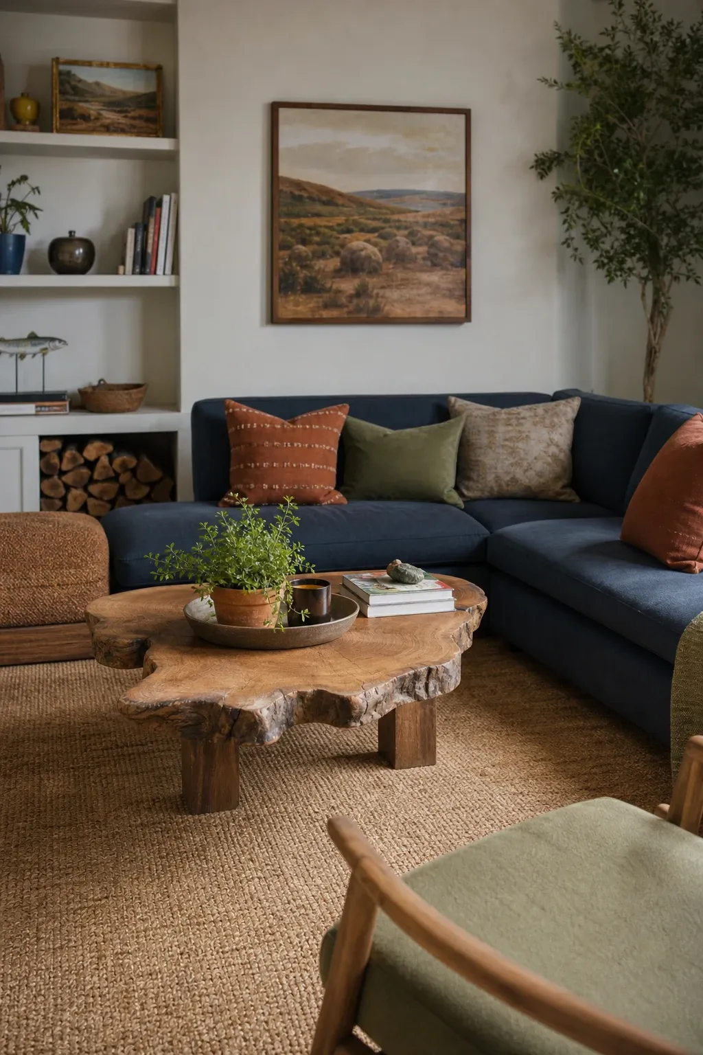 blue couch with gallery wall in a living room