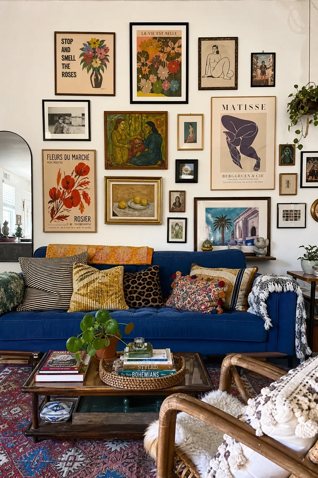 bohemian with blue couch in a living room