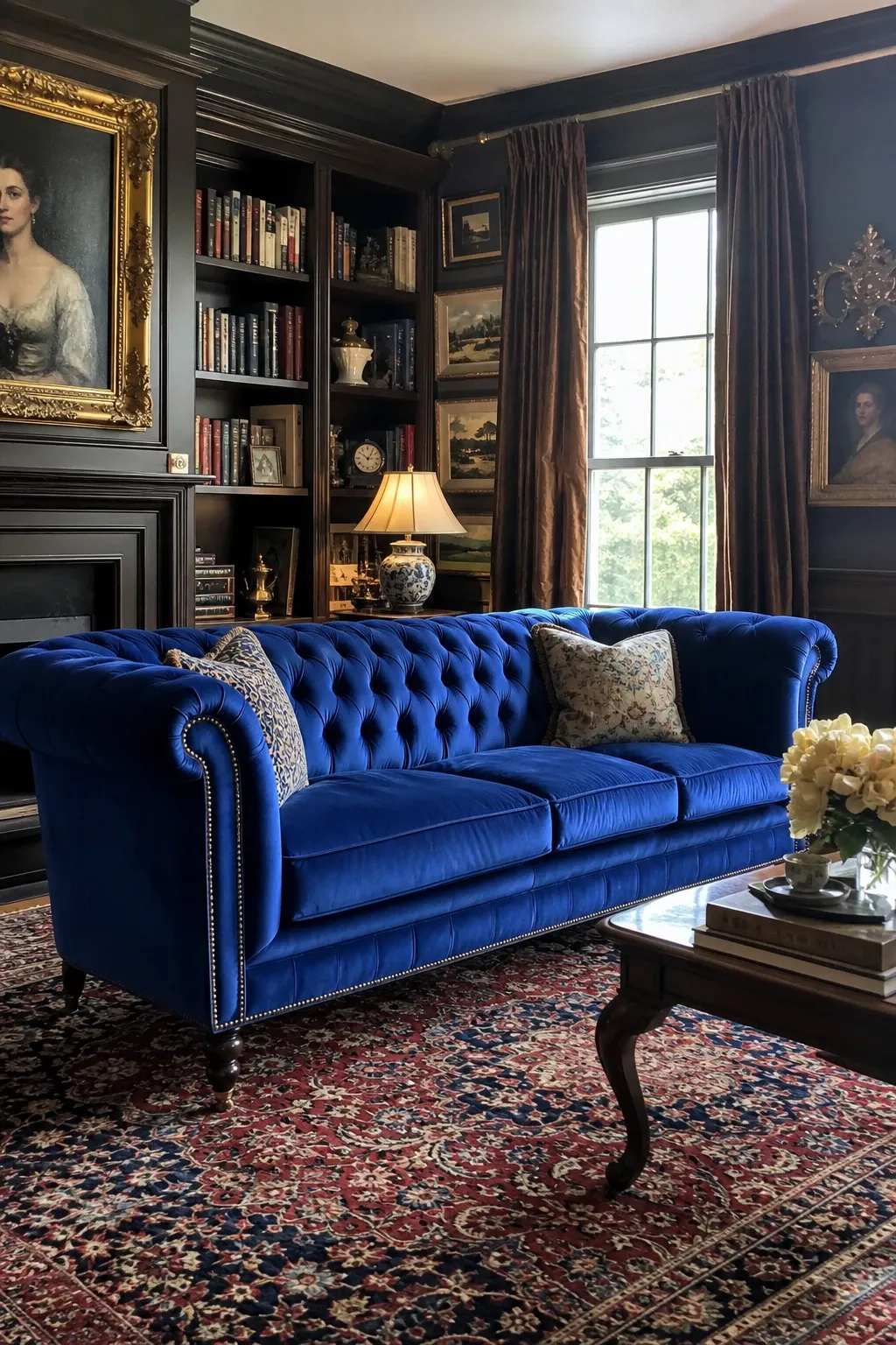farmhouse with blue couch in a living room