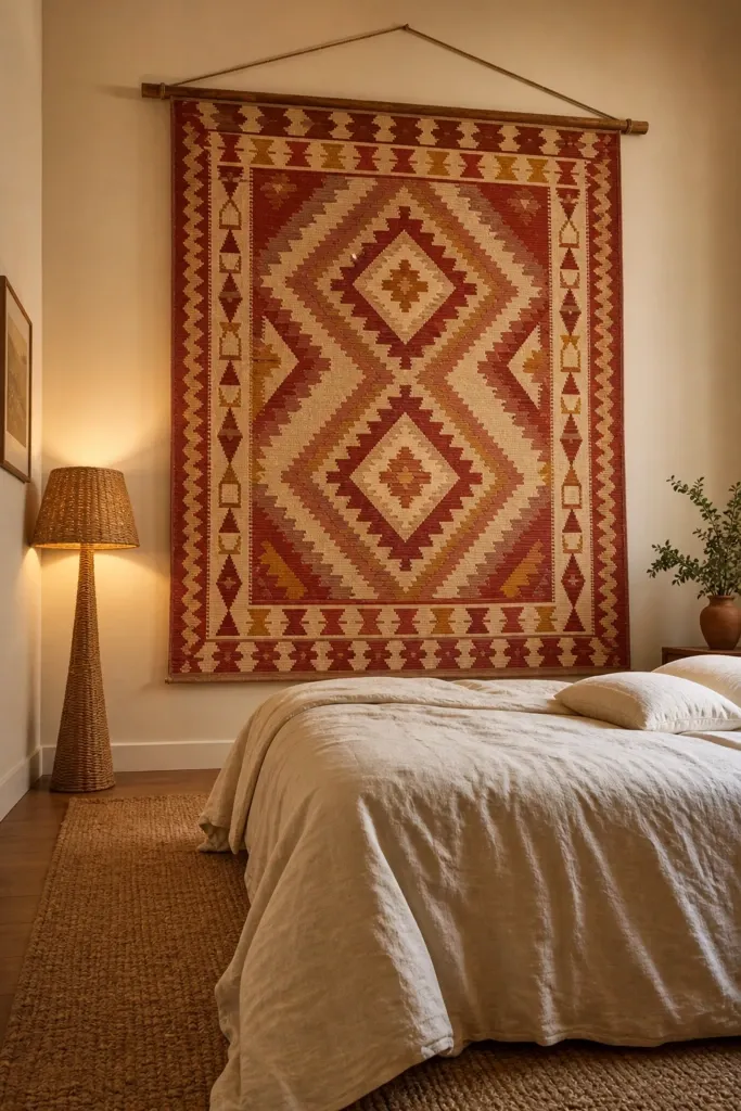 add a vintage or handwoven mix in a bedroom