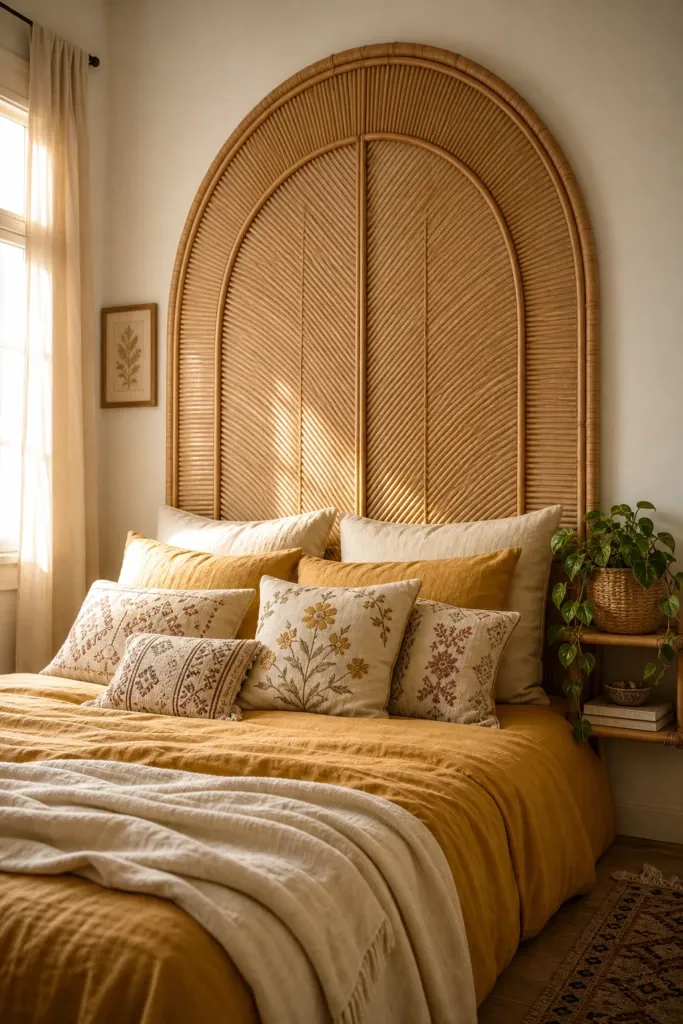 choose a rattan or cane headboard in a bedroom