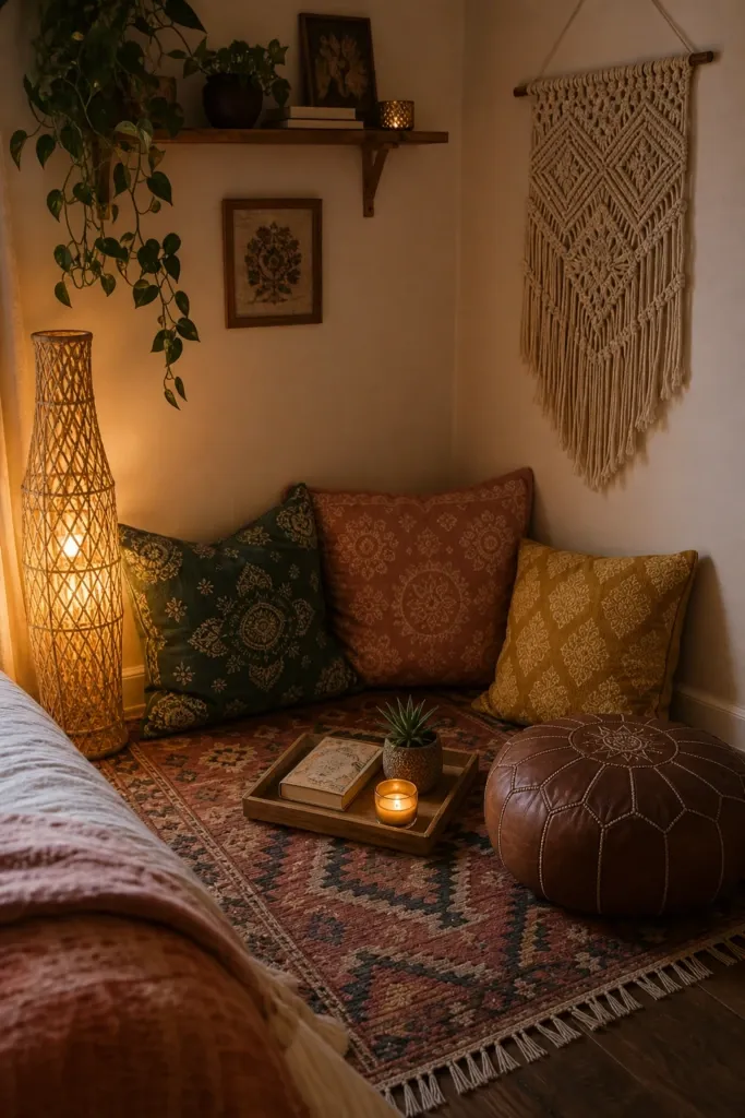create a low reading nook with floor cushions in a bedroom