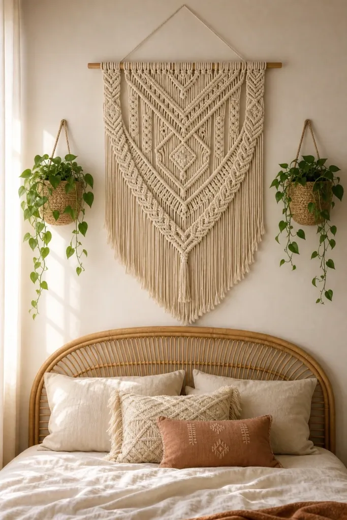 hang a macrame wall piece that does real work in a bedroom