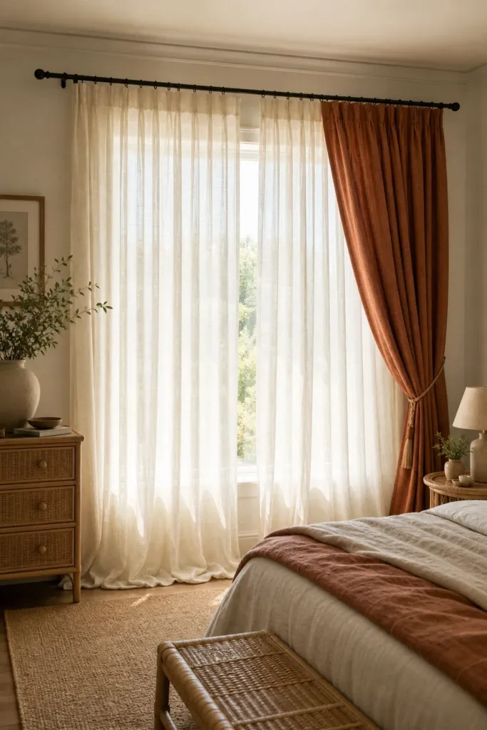 hang curtains high and wide for maximum softness in a bedroom