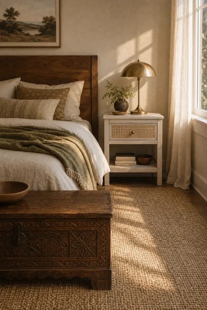 mix wood tones without worrying about matching in a bedroom