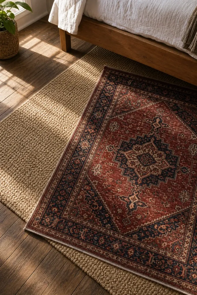 stack and layer rugs for a floor that has depth in a bedroom
