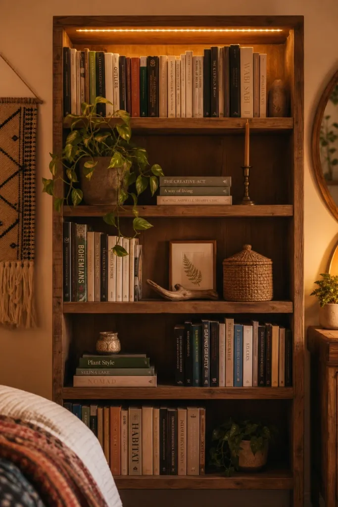 style your bookshelf like a collected corner in a bedroom