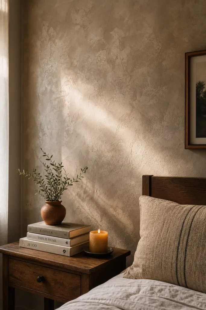 try limewash or textured paint for walls with character in a bedroom