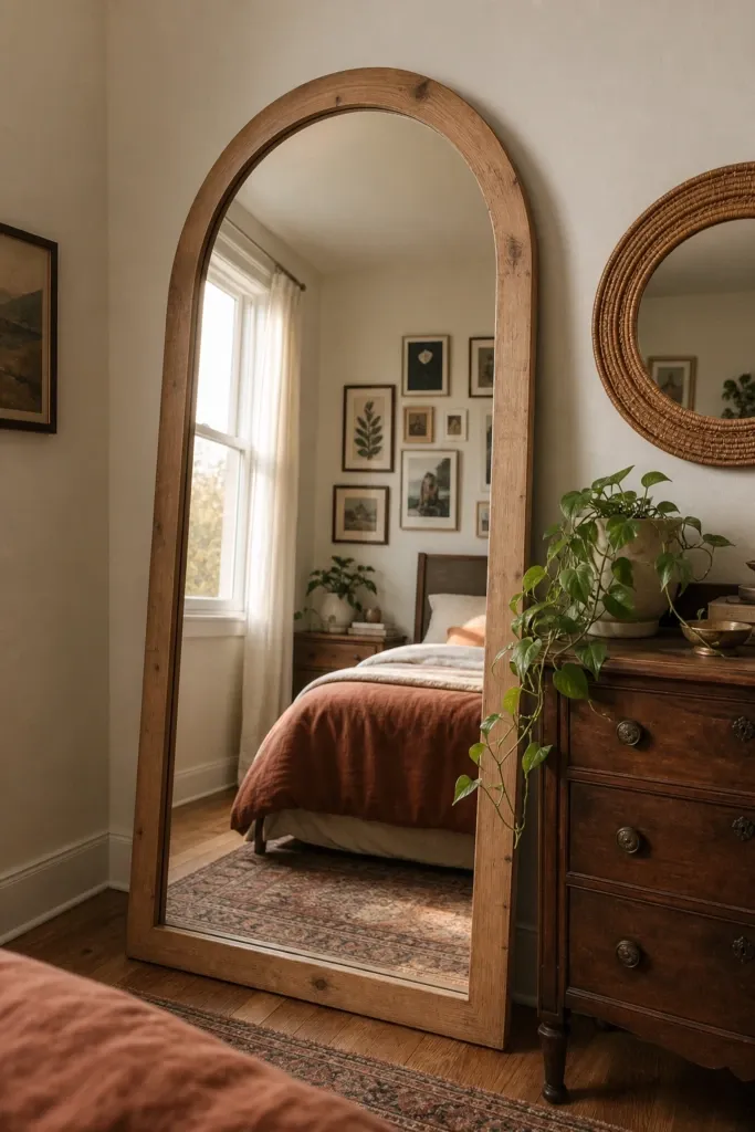 use mirrors creatively to expand and reflect in a bedroom