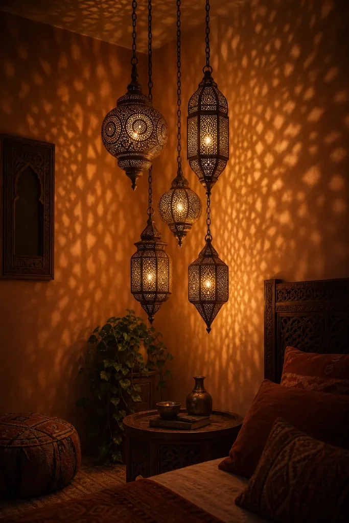 use moroccan lanterns for decorative lighting in a bedroom