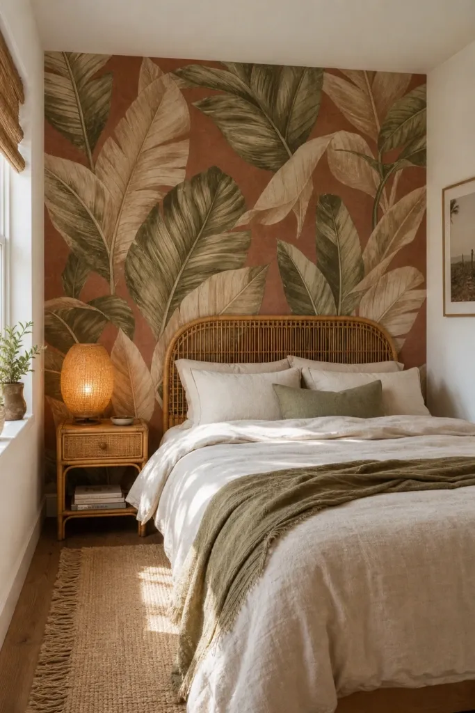 use warm-toned wallpaper as a feature wall in a bedroom