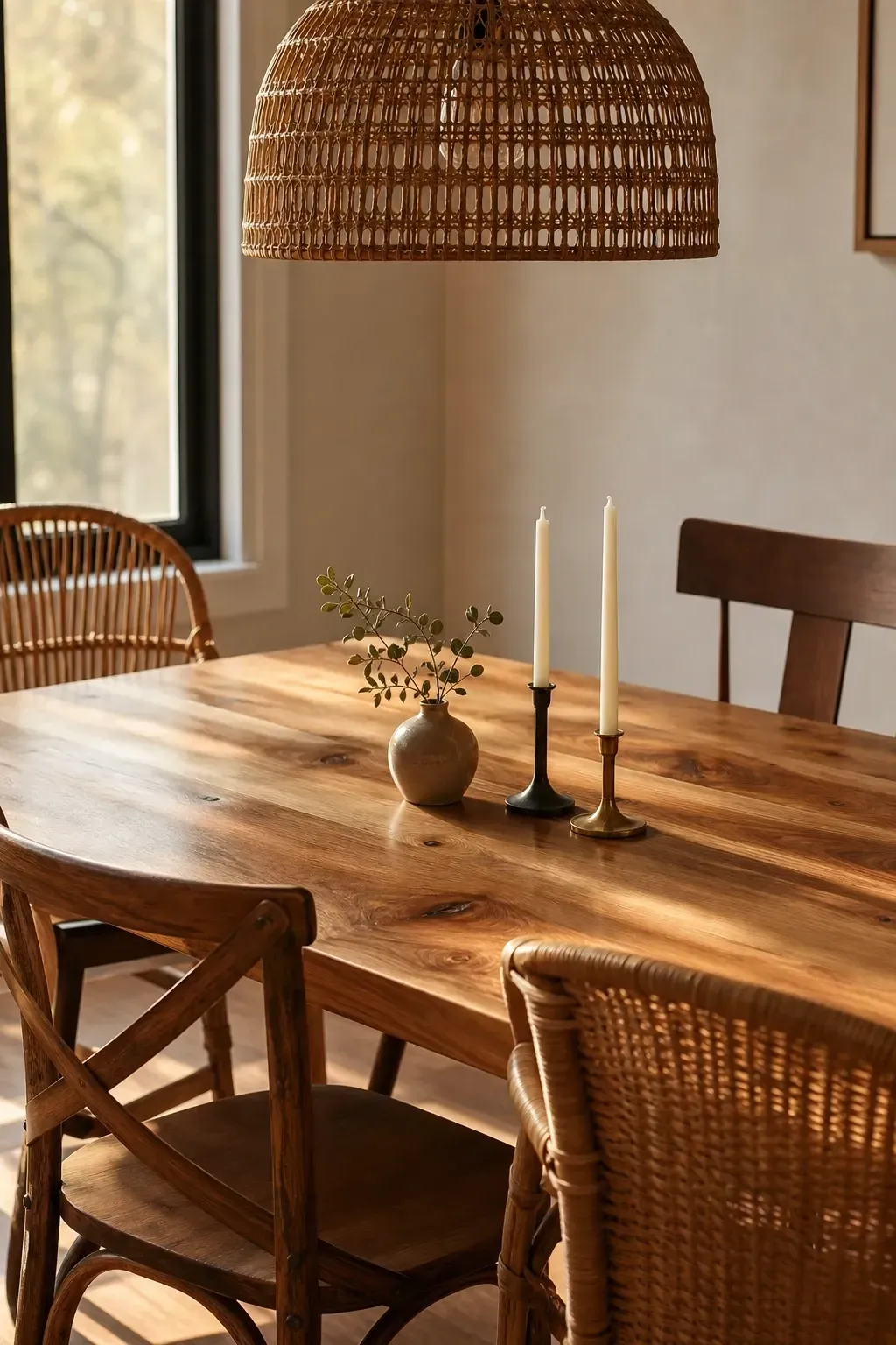 a solid wood table with a lived-in look in a dining room