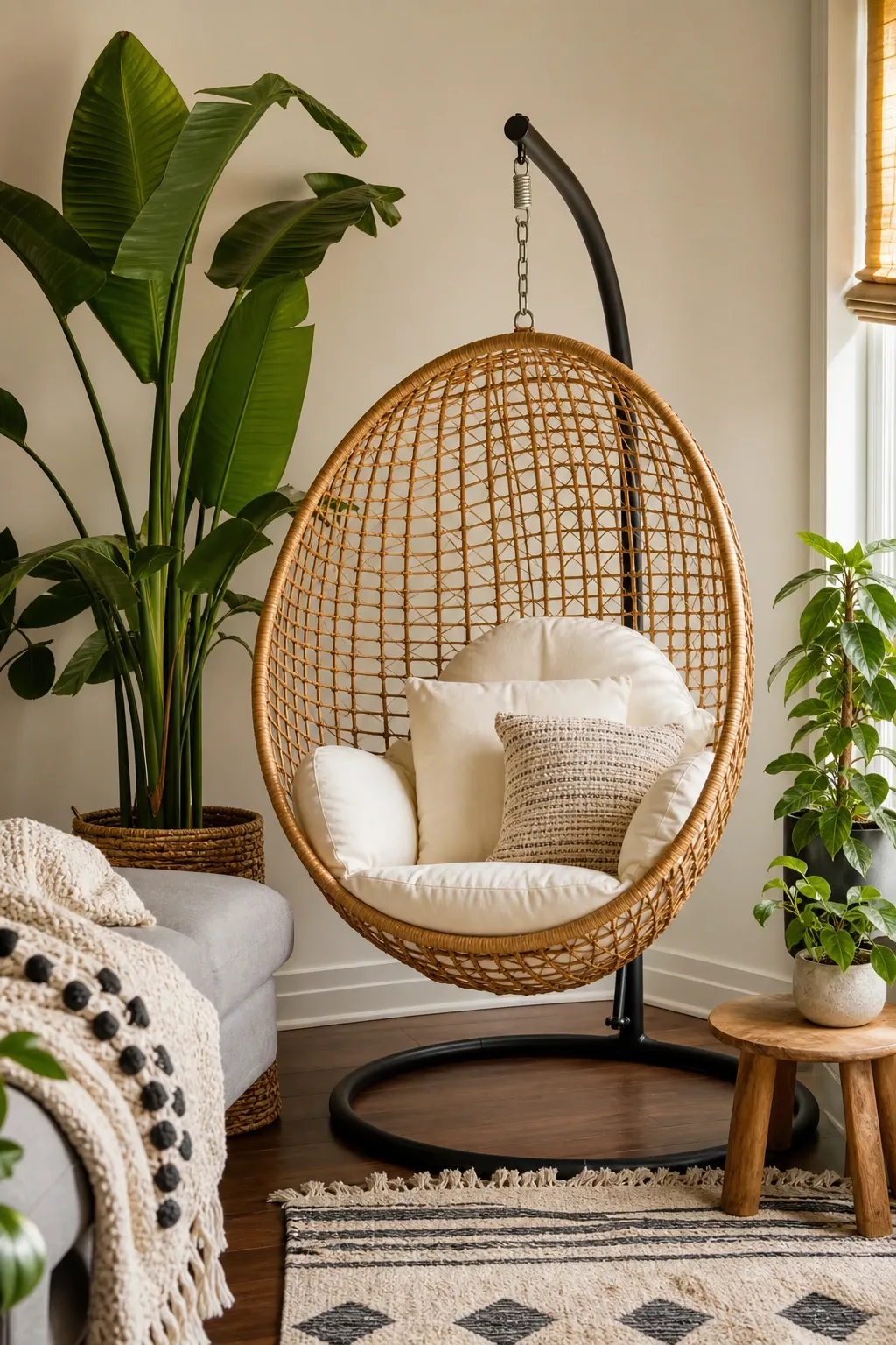 a hanging chair as focal point in a living room
