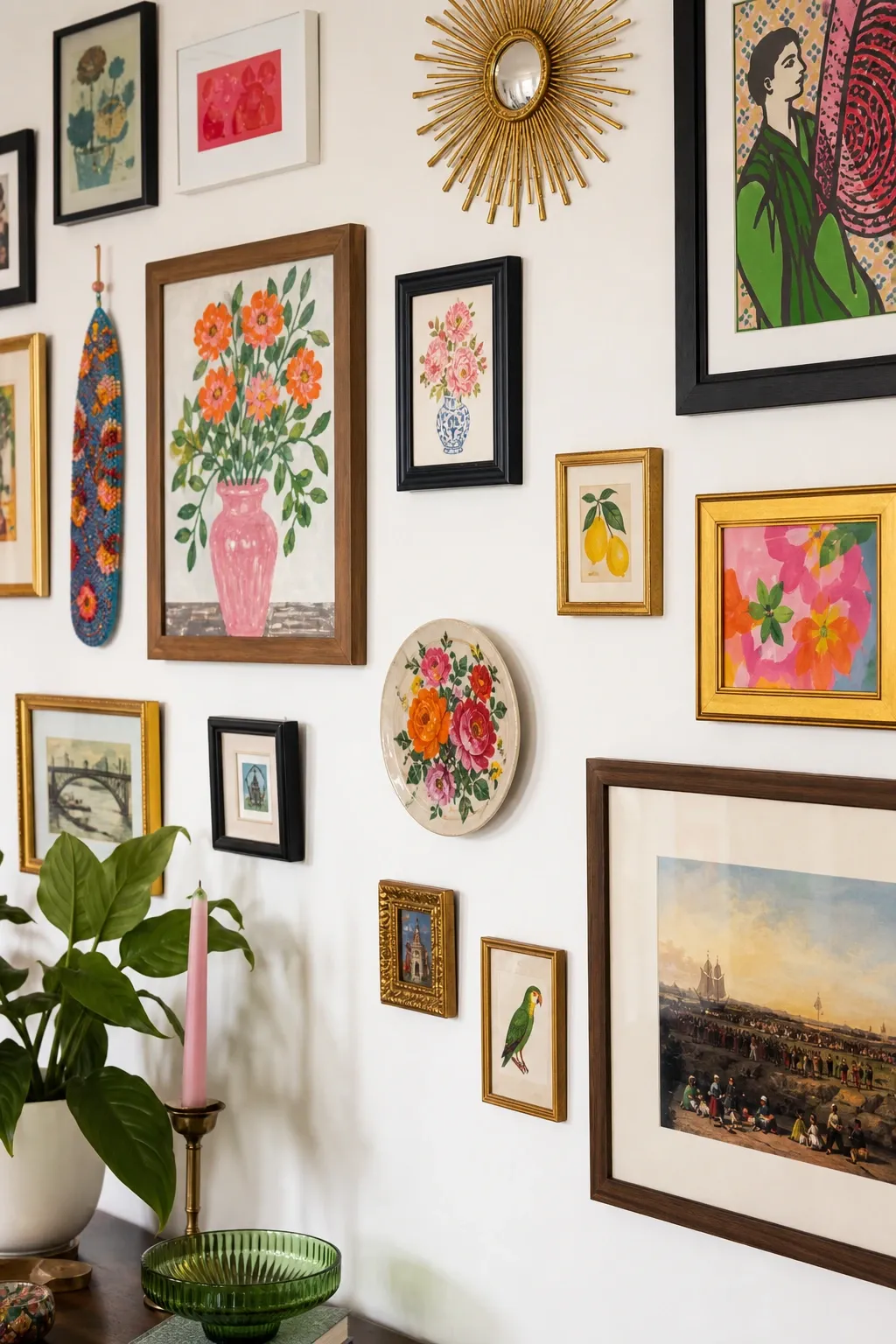 an eclectic gallery wall in a living room