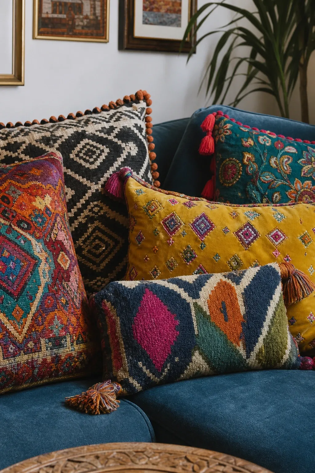 bold and patterned pillows in a living room