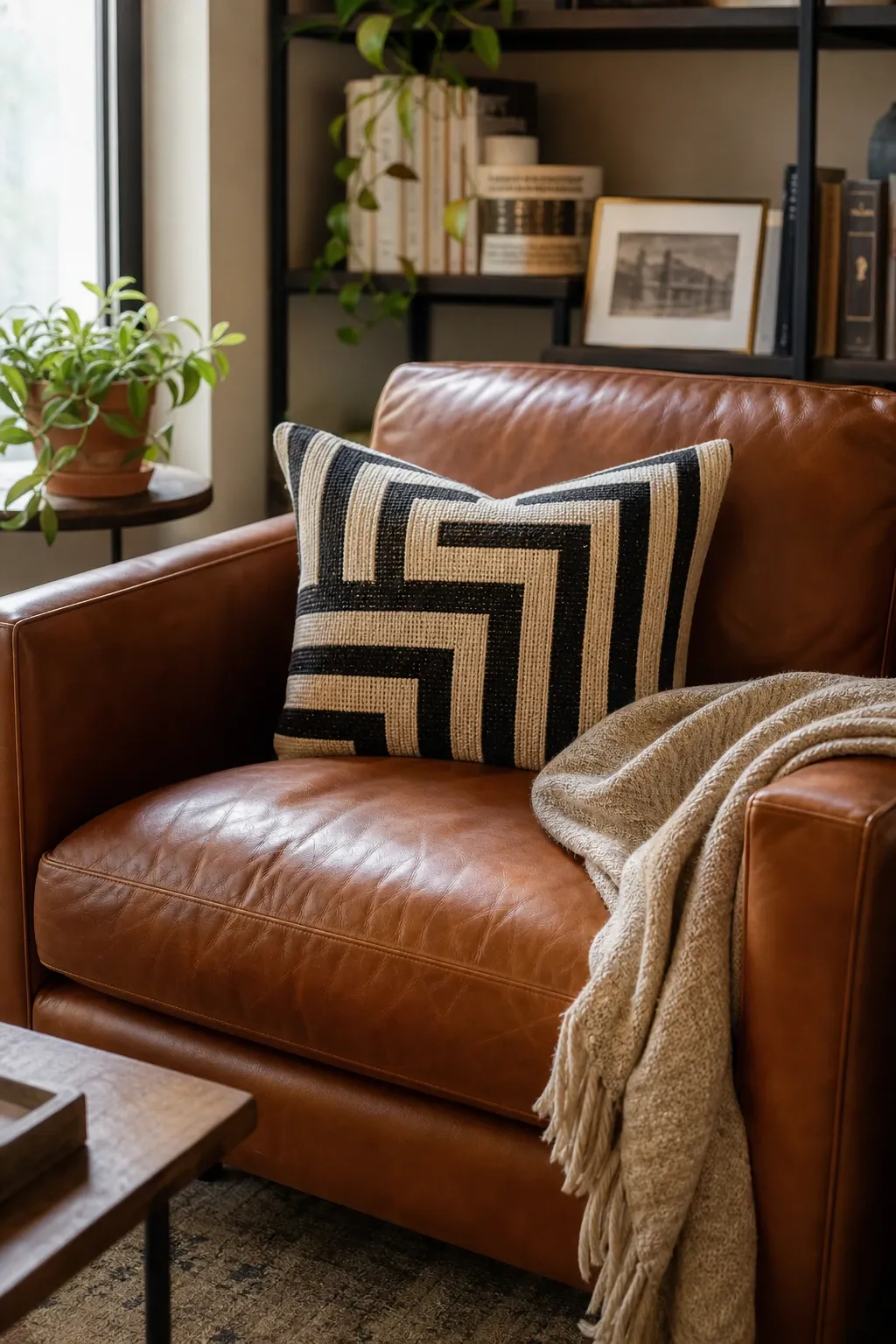 deep earthy tones and leather in a living room