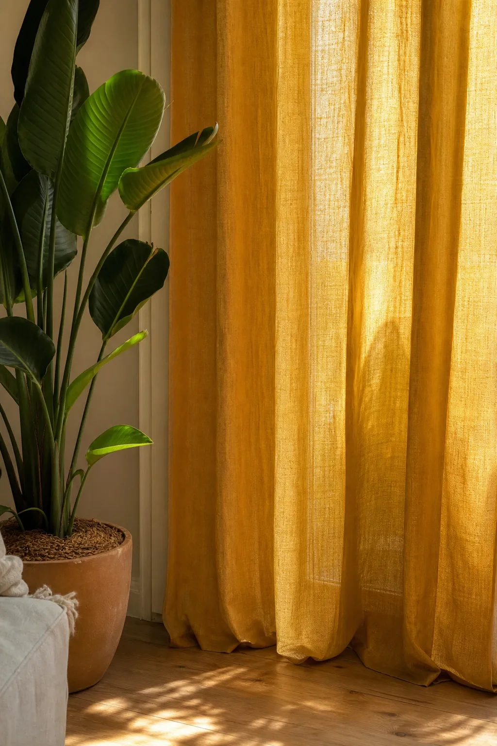 golden hues and greenery in a living room