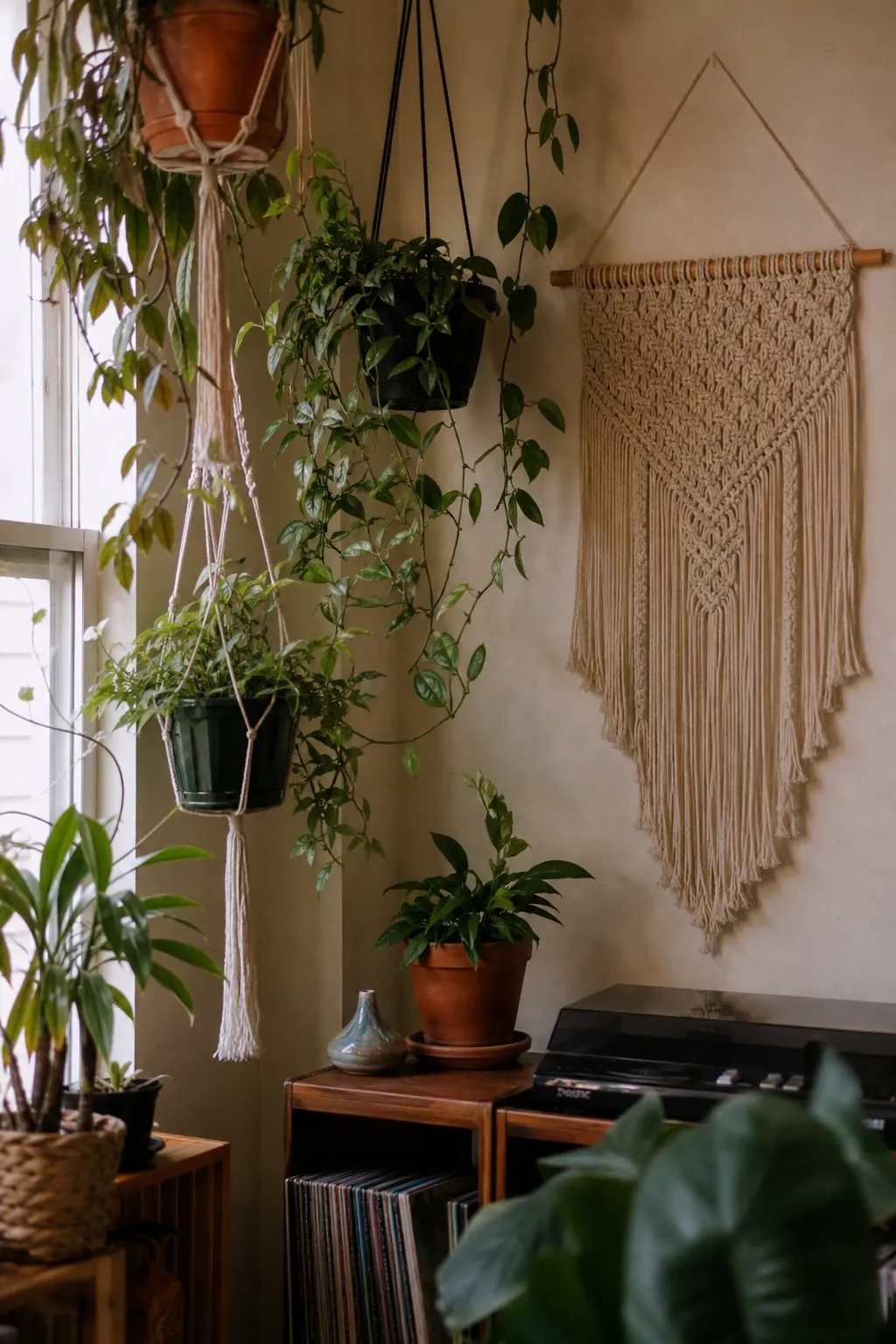 hanging plants and woven wall art in a living room