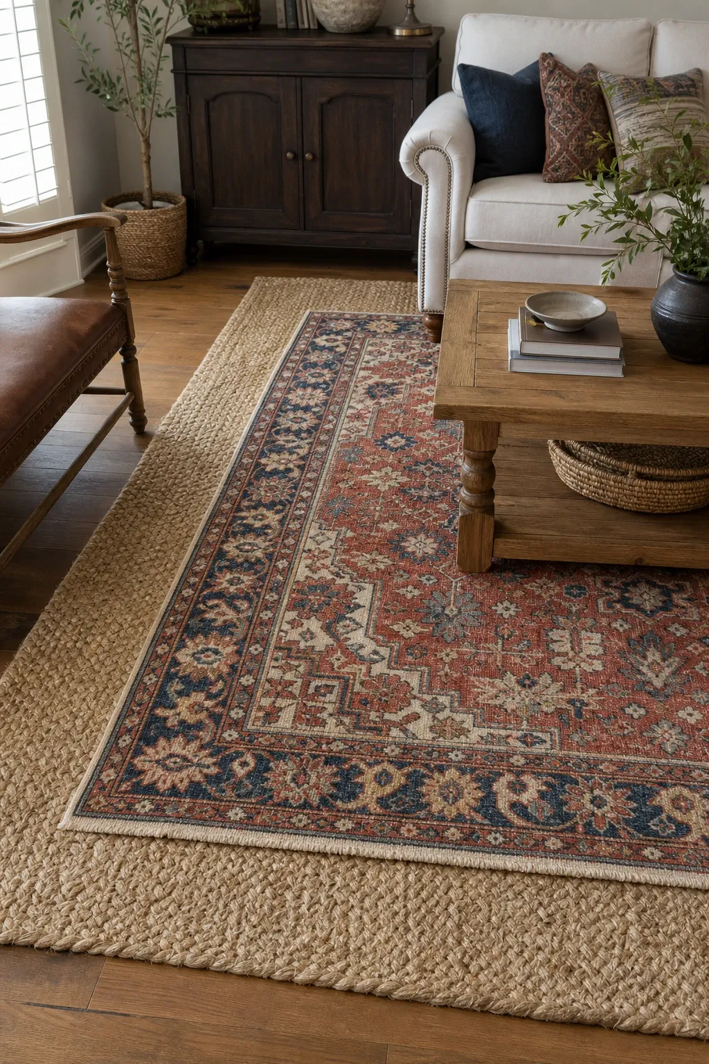 layered rugs and woven accents in a living room