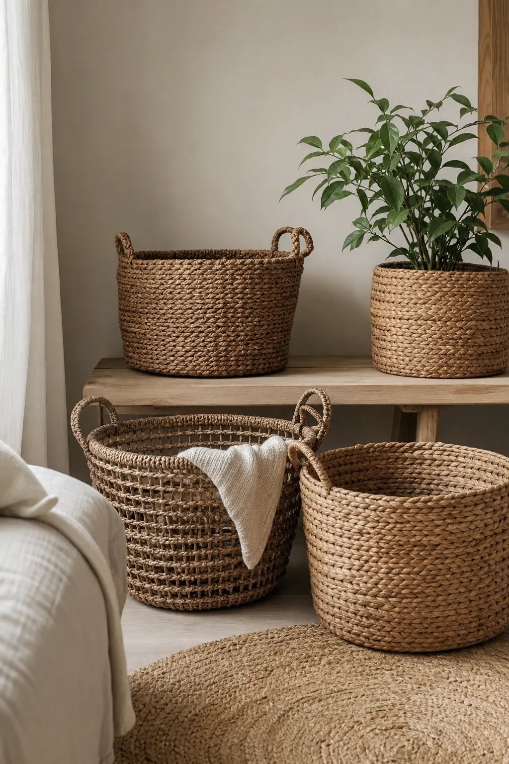natural wood and neutral baskets in a living room