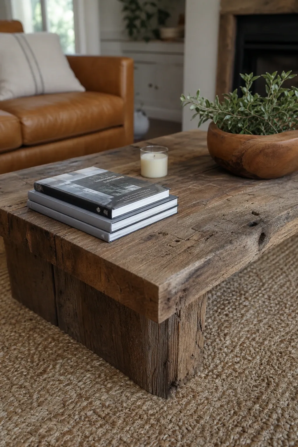 rustic wood and soft textiles in a living room