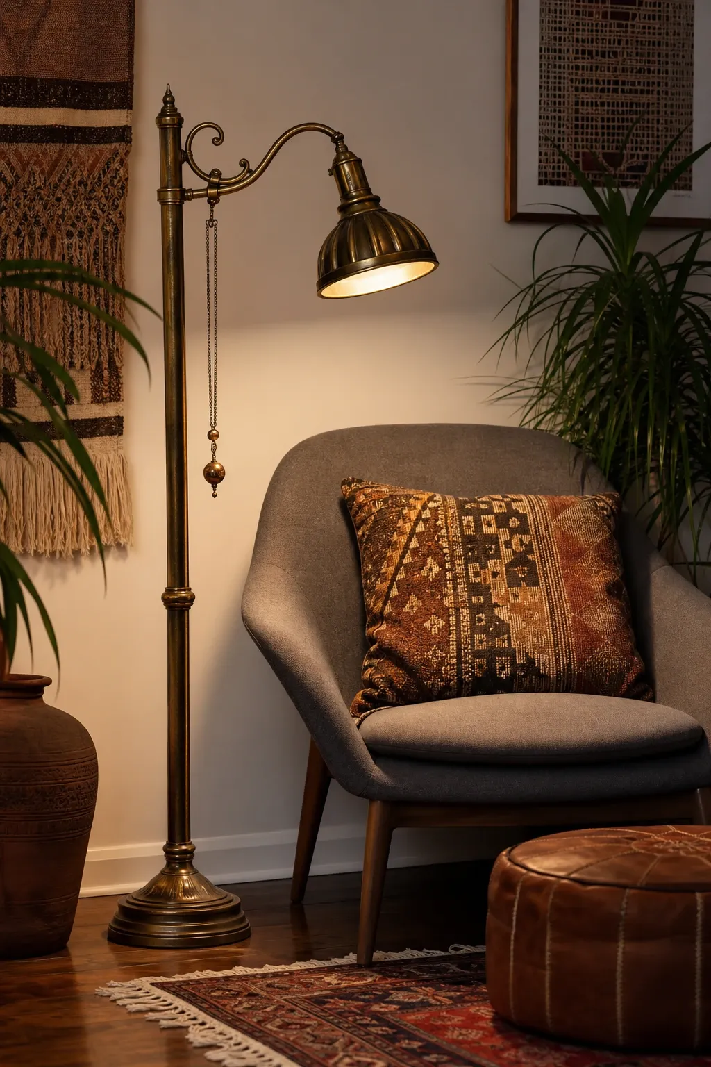 vintage finds mixed with modern pieces in a living room