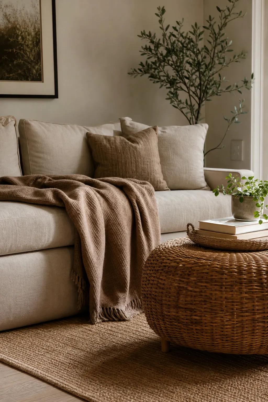 warm earthy tones and natural textures in a living room